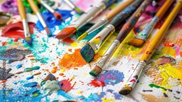 Fototapeta Vibrant Artistic Workspace with Paint Brushes and Colorful Paint Splashes on Canvas Surface