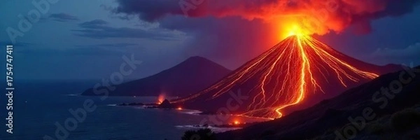 Fototapeta Majestic Hawaiian Volcano Eruption at Night Fiery Lava Flows Cascade Down Slopes, Creating a Dramatic and Awe-Inspiring Light Show Against the Dark Volcanic Landscape.