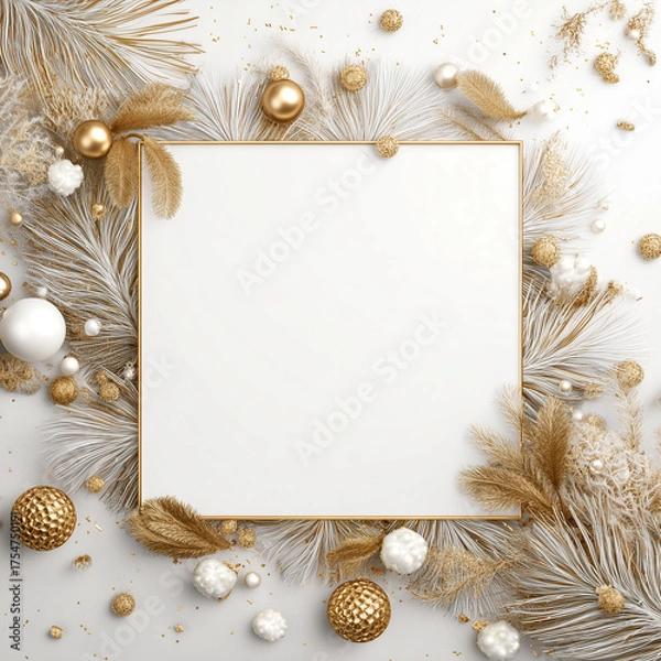 Fototapeta Composición festiva con marco decorativo dorado y blanco, ideal para diseño gráfico y contenido estacional.Elementos dorados y plateados en forma de marco, centro vacío sobre fondo claro y simétrico.