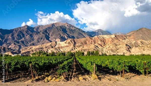 Obraz Vineyard rows lead to colorful, layered mountains under blue sky with fluffy clouds on a sunny day