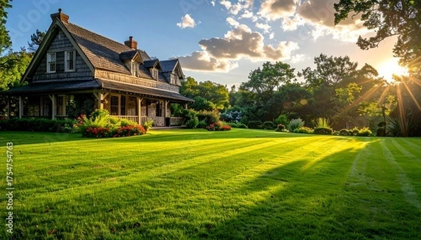 Obraz Warm sunlight shines on a large house with a green lawn and trees in the yard