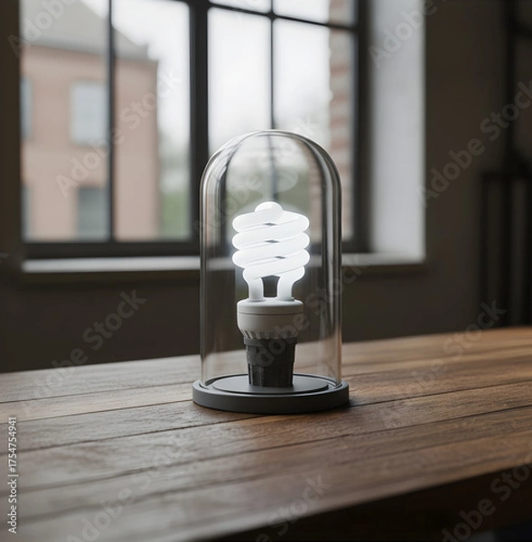 Obraz Energy-saving light bulb enclosed inside a glass dome on a wooden table, symbol of efficient technology, innovation, and sustainable energy