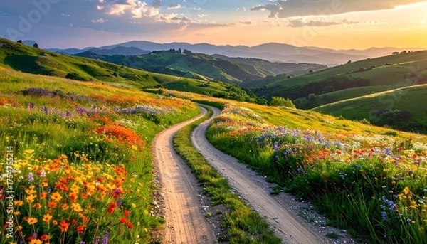 Obraz Winding dirt road through a vibrant meadow under a warm, hazy sky, with distant mountains and rolling hills