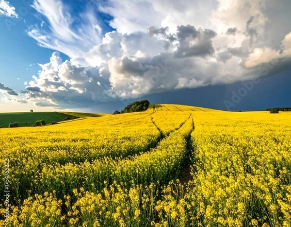 Obraz Yellow flower field slopes upwards to a tree-topped hill under a dramatic cloudscape on a sunny day