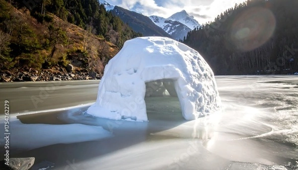 Obraz A sunlit snow-covered igloo sits on a frozen lake, with mountains and trees in the background, hinting at a serene winter landscape