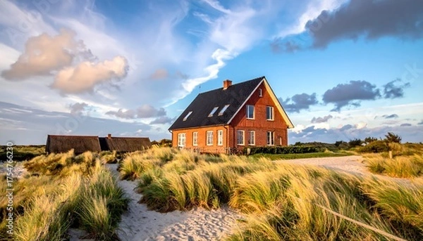 Obraz A sunny afternoon captures a red-brick house and a smaller building on a sandy beach with tall grassy vegetation, under a cloud-filled sky