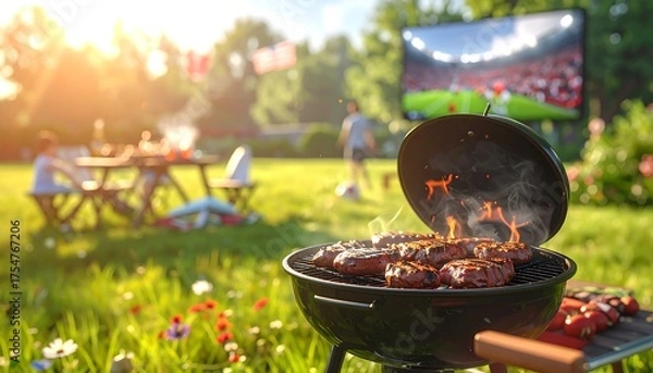 Obraz A sunny backyard scene depicting a barbecue with food grilling as friends and family enjoy the warm weather and watch a game
