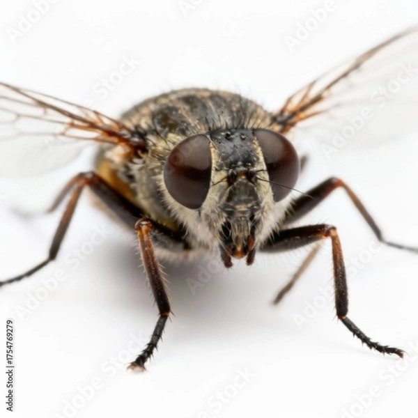 Obraz Close-up macro shot of a housefly insect on a white background, detailed view of wings, eyes and body texture, insect macro photography, entomology concept, natural science, high resolution, minimalis