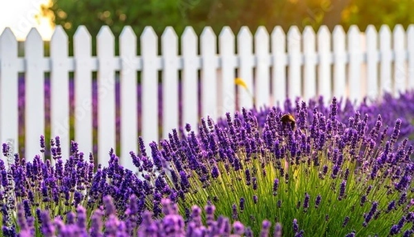 Obraz A sunny day reveals a vibrant lavender field beside a crisp white picket fence, with a blurred background, creating a classic, idyllic scene