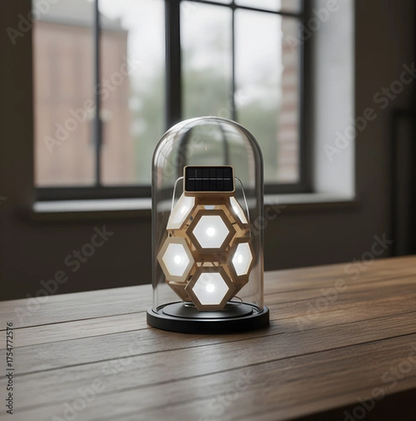 Obraz Solar panel enclosed inside a glass dome on a wooden table, symbol of renewable energy, sustainability, and innovation