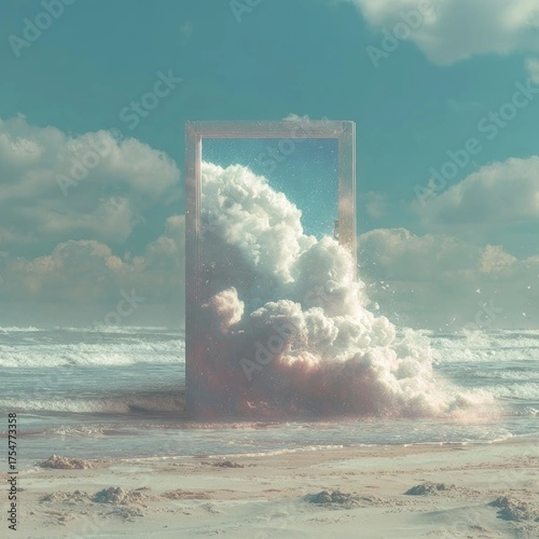 Obraz Surreal portal frames fluffy clouds bursting from the ocean onto a sandy beach.