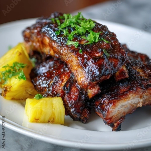 Obraz Glazed ribs with pineapple chunks on a white plate