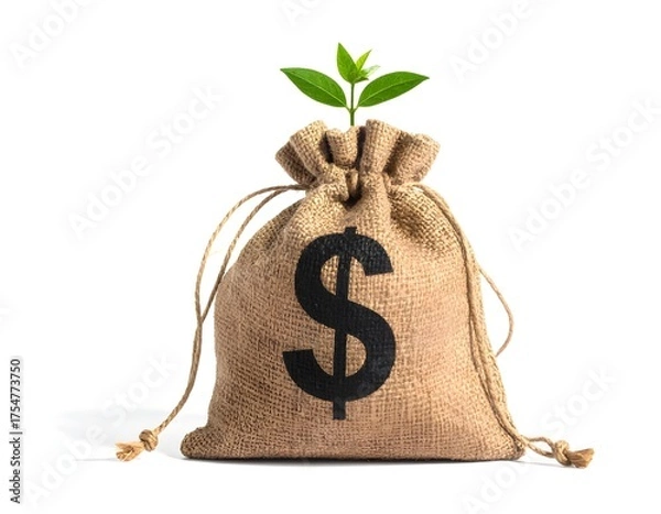 Fototapeta A burlap money bag with a dollar sign and a small green plant growing from the top, symbolizing financial growth and investment, on a light background.
