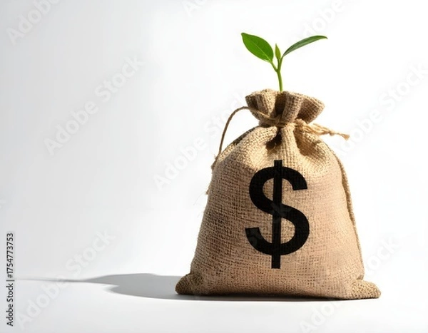 Fototapeta A burlap money bag with a dollar sign and a small green plant growing from the top, symbolizing financial growth and investment, on a light background.