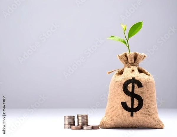 Fototapeta A burlap money bag with a dollar sign and a small green plant growing from the top, symbolizing financial growth and investment, on a light background.
