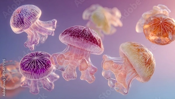 Obraz Translucent, colorful jellyfish float in ethereal gradient light
