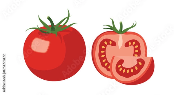 Obraz Whole and sliced red tomatoes and a wedge of tomato.