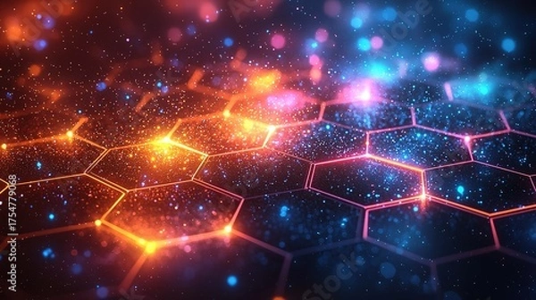 Fototapeta Abstract background with colorful glowing hexagons on dark blue gradient, big data and cyber tech concept in night sky wireframe
