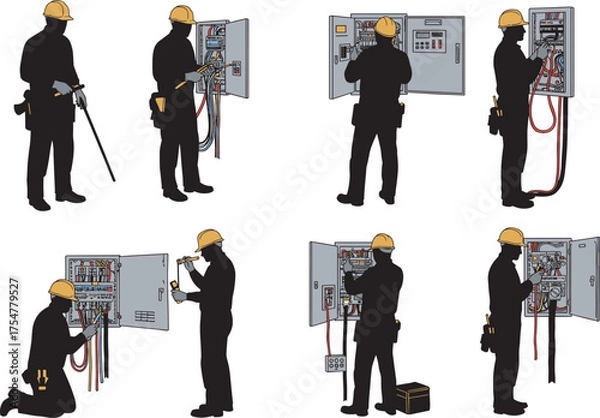 Fototapeta Electrical panel work, technician silhouettes, industrial maintenance poses, black and white vector illustration, wiring inspection graphics, safety helmet workers, engineering task icons