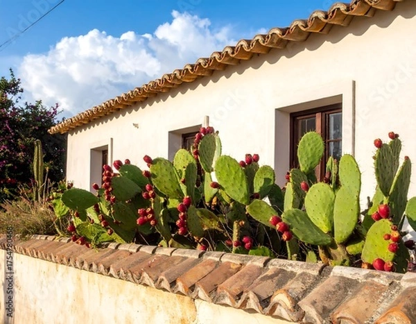 Obraz A sunny scene showcases a white stucco building with a terracotta tiled roof. Cacti with bright red fruit adorn the wall