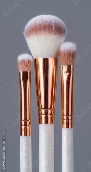 Fototapeta Three cosmetic brushes; white handles and soft, blush-tipped bristles
