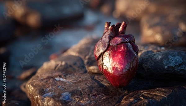 Fototapeta Realistic heart on rocks, stark lighting, dark background