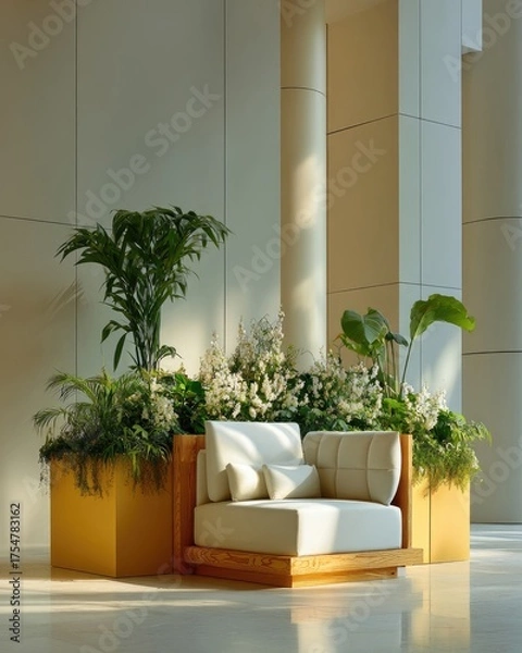 Fototapeta Seating area with greenery. Modern design, cream and gold