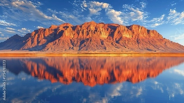 Obraz Abstract landscape with sharp mountain peaks, water reflections, blue sky & golden hour lighting, 3D high-resolution rendering
