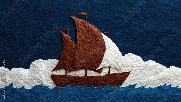 Obraz A brown sailing vessel with two sails cuts through white ocean waves.