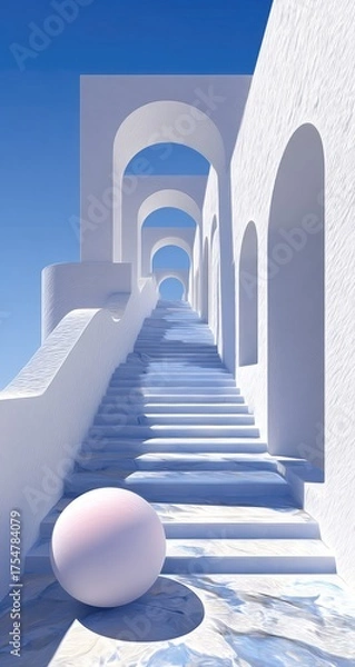 Obraz White arches and stairs lead to a clear blue sky with a light pink orb.