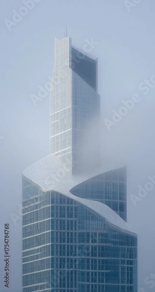 Fototapeta Modern skyscraper pierces through ethereal fog under a hazy sky.