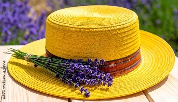 Obraz A sunny yellow sun hat, resting on a wooden surface, adorned with a bundle of vibrant purple flowers. Background features more floral blooms