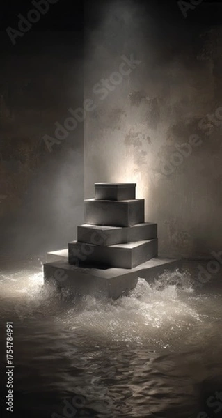 Fototapeta Geometric steps rise from water, illuminated by dramatic spotlighting.