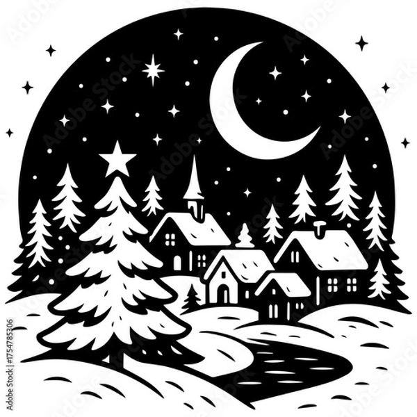 Fototapeta Black and white vector winter night village scene with Christmas tree and moon, perfect for engraving and seasonal prints.