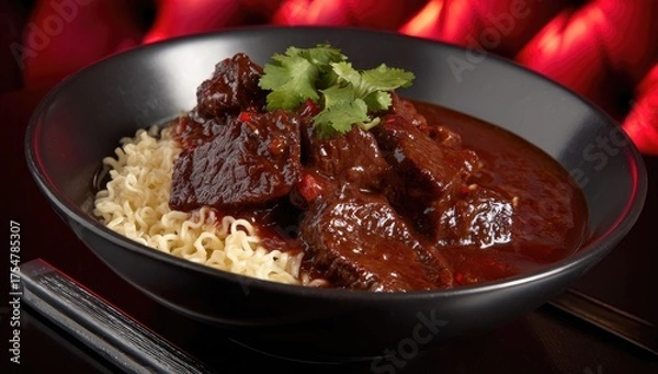 Fototapeta Hearty stew with tender meat and noodles served in a dark bowl.