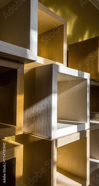 Obraz Stacked wooden cube shelves cast geometric shadows with warm interior lighting.