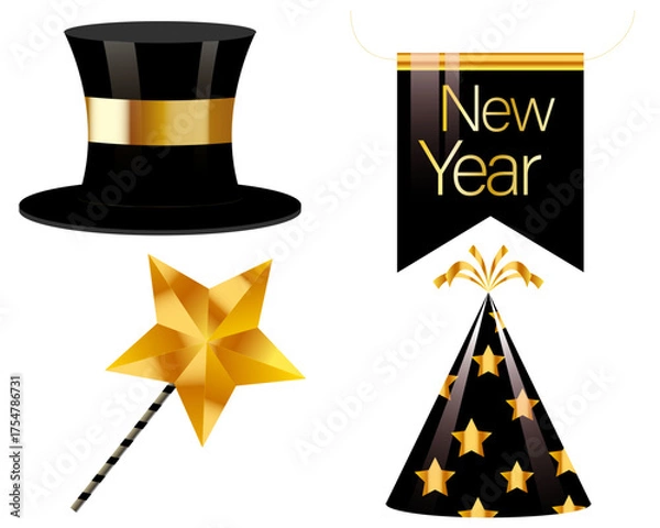 Fototapeta Elegant New Year's Eve Party Elements: Top Hat, Banner, and Star Accessories

