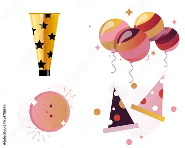 Fototapeta Colorful Party Celebration Elements Set with Balloons, Hats, and Noisemaker