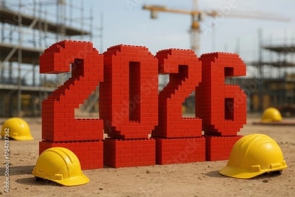 Fototapeta Red brick numbers 2026 with yellow helmets on sandy ground, outdoors