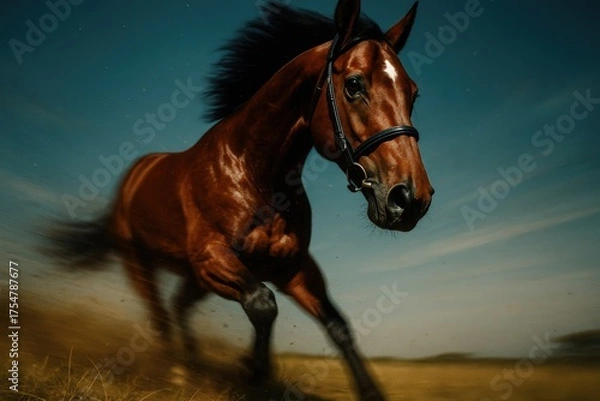 Fototapeta Brown horse running fast, realistic photo style, outdoor dry field, energy motion