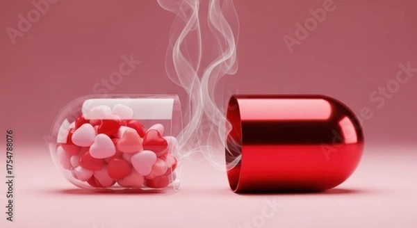Obraz Open red pill capsule filled with red and pink heart shapes and wisps of smoke open pill red hearts