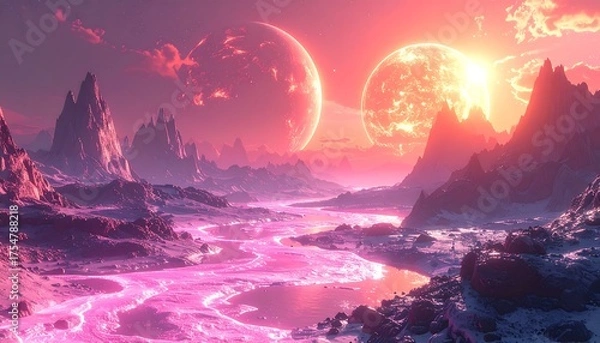 Obraz A surreal landscape featuring a pink river winding through mountains, with two glowing celestial bodies illuminating the sky