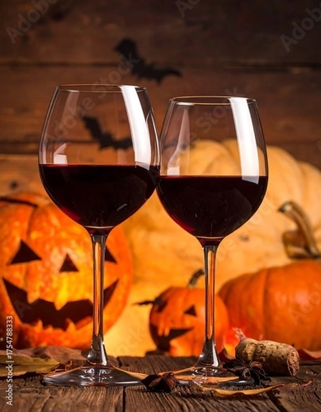 Fototapeta Two wine glasses filled with red wine, Halloween-themed