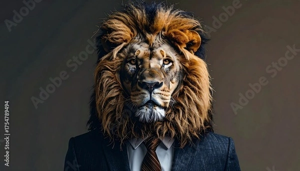 Obraz A surreal portrait featuring a lion's head atop a human body, attired in a smart suit, with a serious gaze