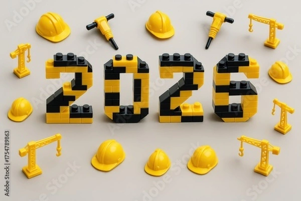 Fototapeta Toy bricks form 2026 with construction gear on plain background concept