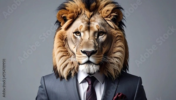 Obraz A surreal portrait of a lion's head on a man's body, wearing a business suit against a neutral background