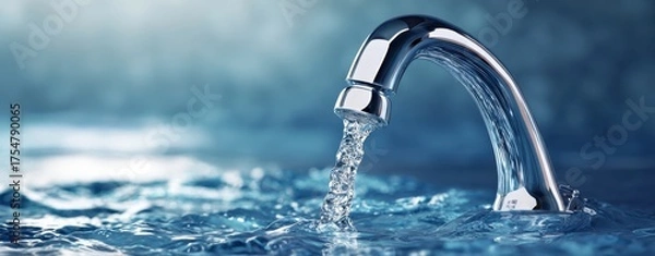 Fototapeta The Faucet Pouring Clear Water Over Reflective Surface Creating Ripples and Freshness