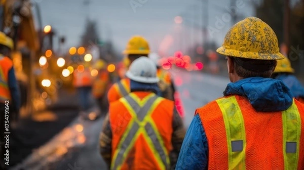 Obraz Professional photo showing highway maintenance workers wearing high-visibility orange reflective safety vests and yellow hard hats, working on road repairs with asphalt and machinery. 