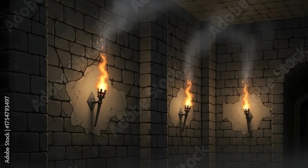 Fototapeta Dark stone dungeon corridor illuminated by flickering torches and smoke