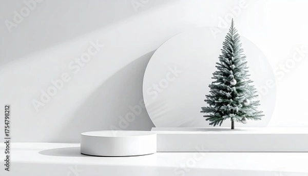 Fototapeta Minimalist white studio background with snowy Christmas tree product podium stage and soft winter sunlight casting shadows